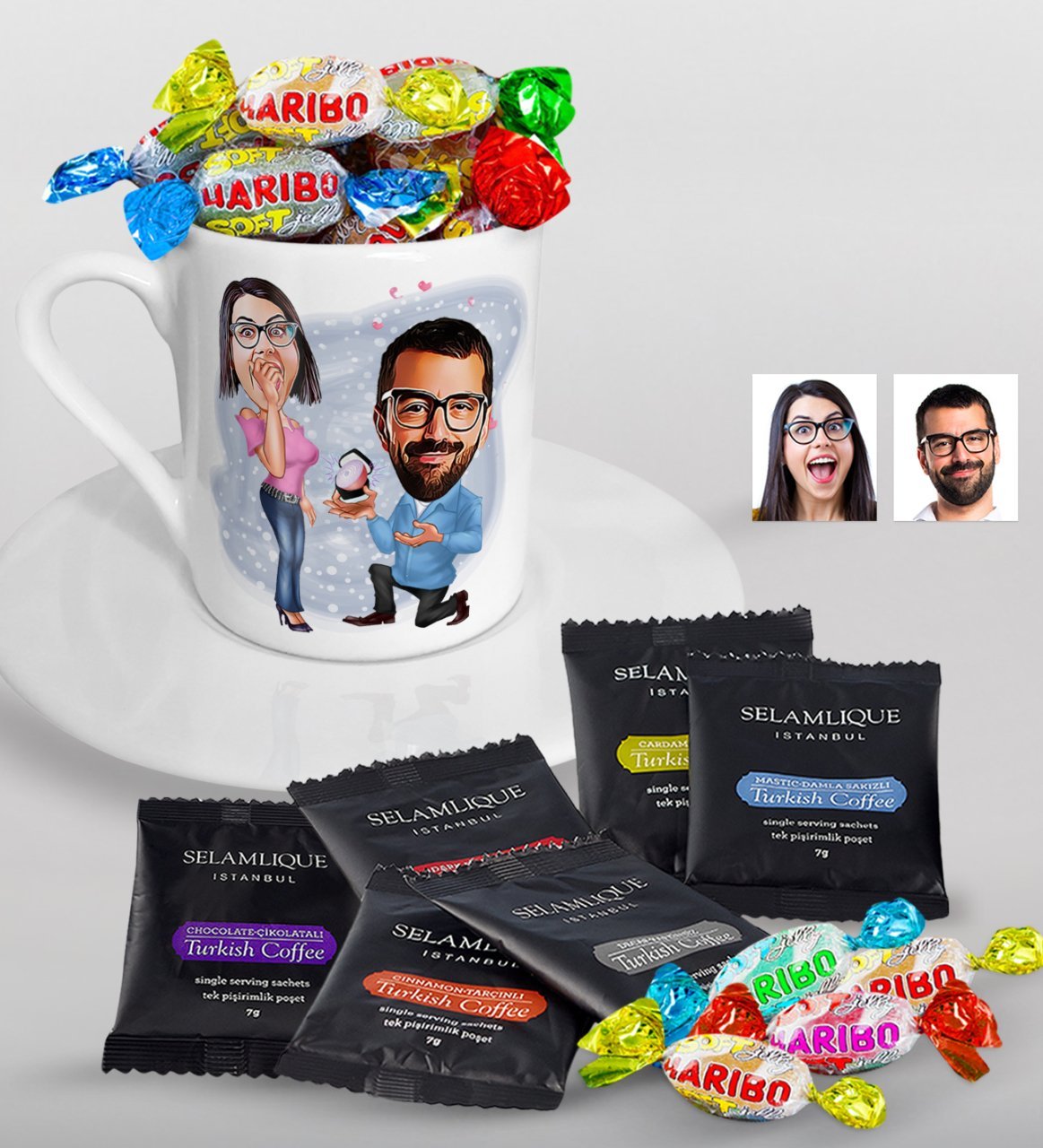 Kişiye Özel Evlilik Teklifi Karikatürlü Türk Kahvesi Fincanı Selamlique Karışık Türk Kahvesi ve Haribo Şeker Hediye Seti-1