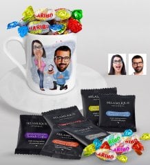 Kişiye Özel Evlilik Teklifi Karikatürlü Türk Kahvesi Fincanı Selamlique Karışık Türk Kahvesi ve Haribo Şeker Hediye Seti-1