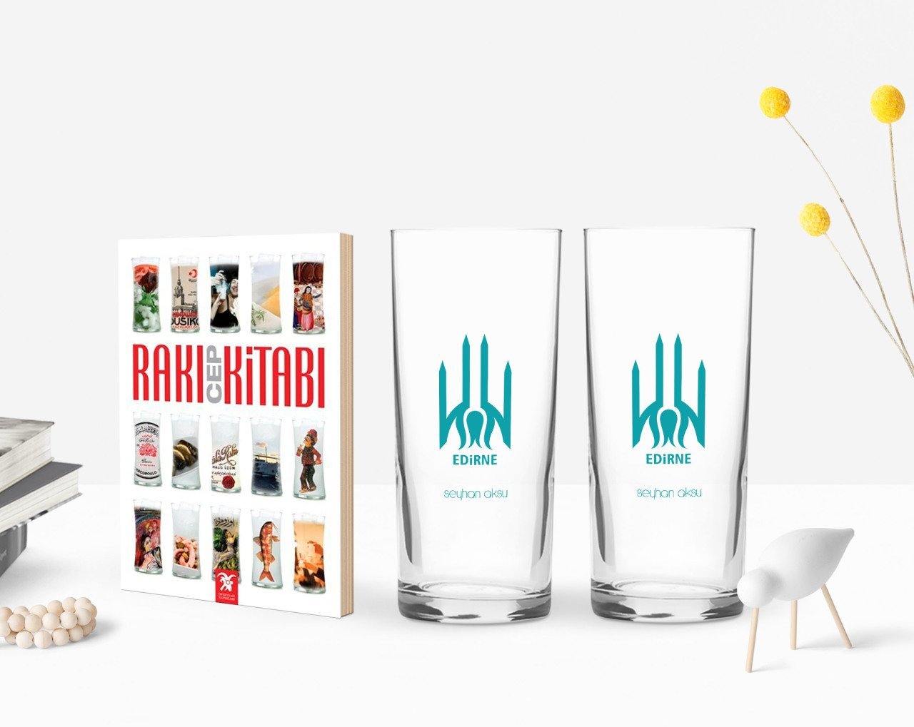 Kişiye Özel Renkli Baskılı Edirne Tasarımlı Turistik İkili Rakı Bardağı ve Rakı Cep Kitabı Hediye Seti-1