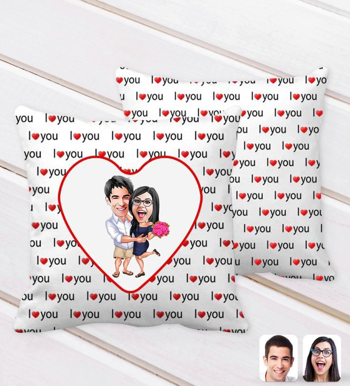 Kişiye Özel Sevgililer Karikatürlü I Love You Kalp Desenli Dekoratif Kırlent Yastık-108