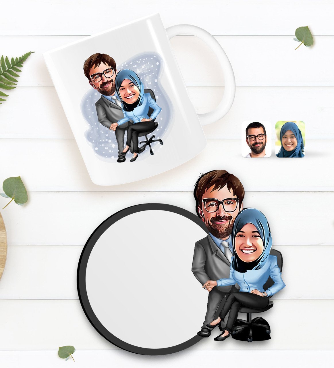 Kişiye Özel Sevgililer Karikatürlü Beyaz Kupa ve Ahşap Bardak Altlığı Hediye Seti-59