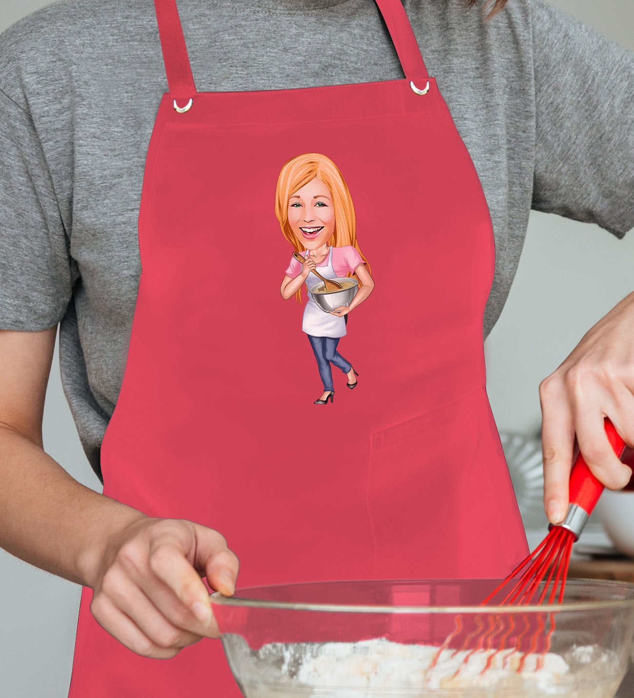 BK Gift Kişiye Özel Kadın Chef Karikatürlü Profesyonel Kırmızı Mutfak Önlüğü, Aşçı Önlüğü, Şef Önlüğü, Arkadaşa Hediye-3