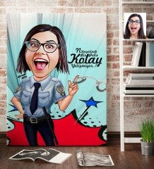Kişiye Özel Bayan Polis Karikatür Kanvas Tablo (70 x 100 cm.) 1