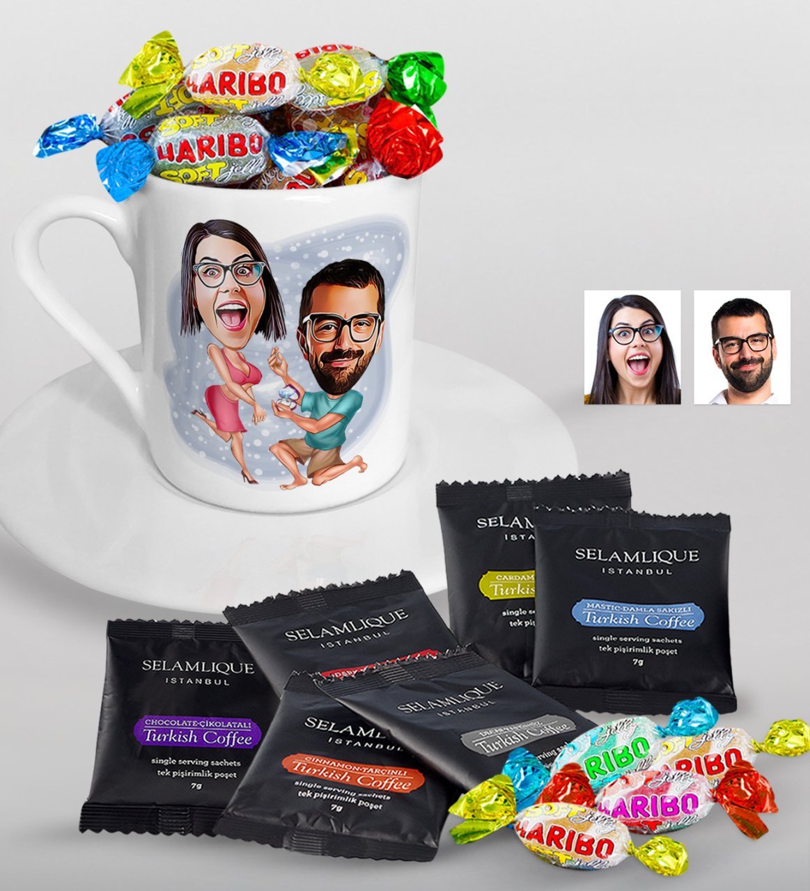 Kişiye Özel Evlilik Teklifi Karikatürlü Türk Kahvesi Fincanı Selamlique Karışık Türk Kahvesi ve Haribo Şeker Hediye Seti-4