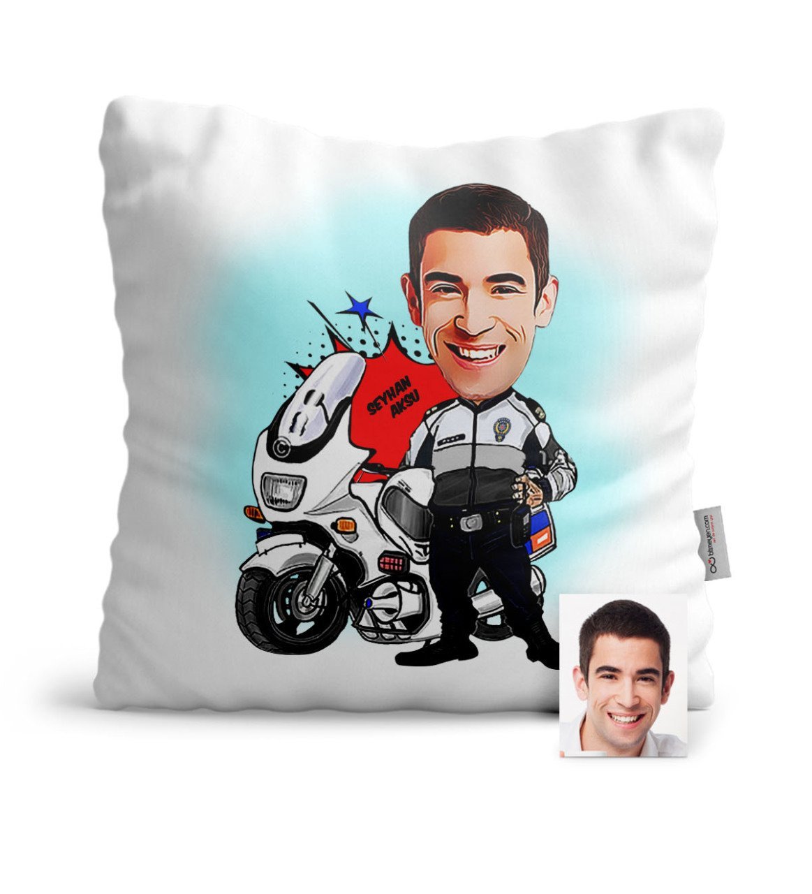 Kişiye Özel Yunus Polis Karikatür Saten Yastık - 1