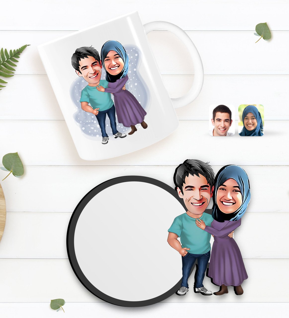 Kişiye Özel Sevgililer Karikatürlü Beyaz Kupa ve Ahşap Bardak Altlığı Hediye Seti-61