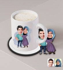 Kişiye Özel Sevgililer Karikatürlü Beyaz Kupa ve Ahşap Bardak Altlığı Hediye Seti-61