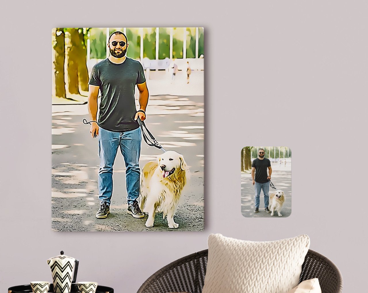 Kişiye Özel Tam Boy Erkek ve Köpek Karikatürlü Kanvas Tablo 70x100cm-1