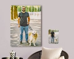 Kişiye Özel Tam Boy Erkek ve Köpek Karikatürlü Kanvas Tablo 70x100cm-1