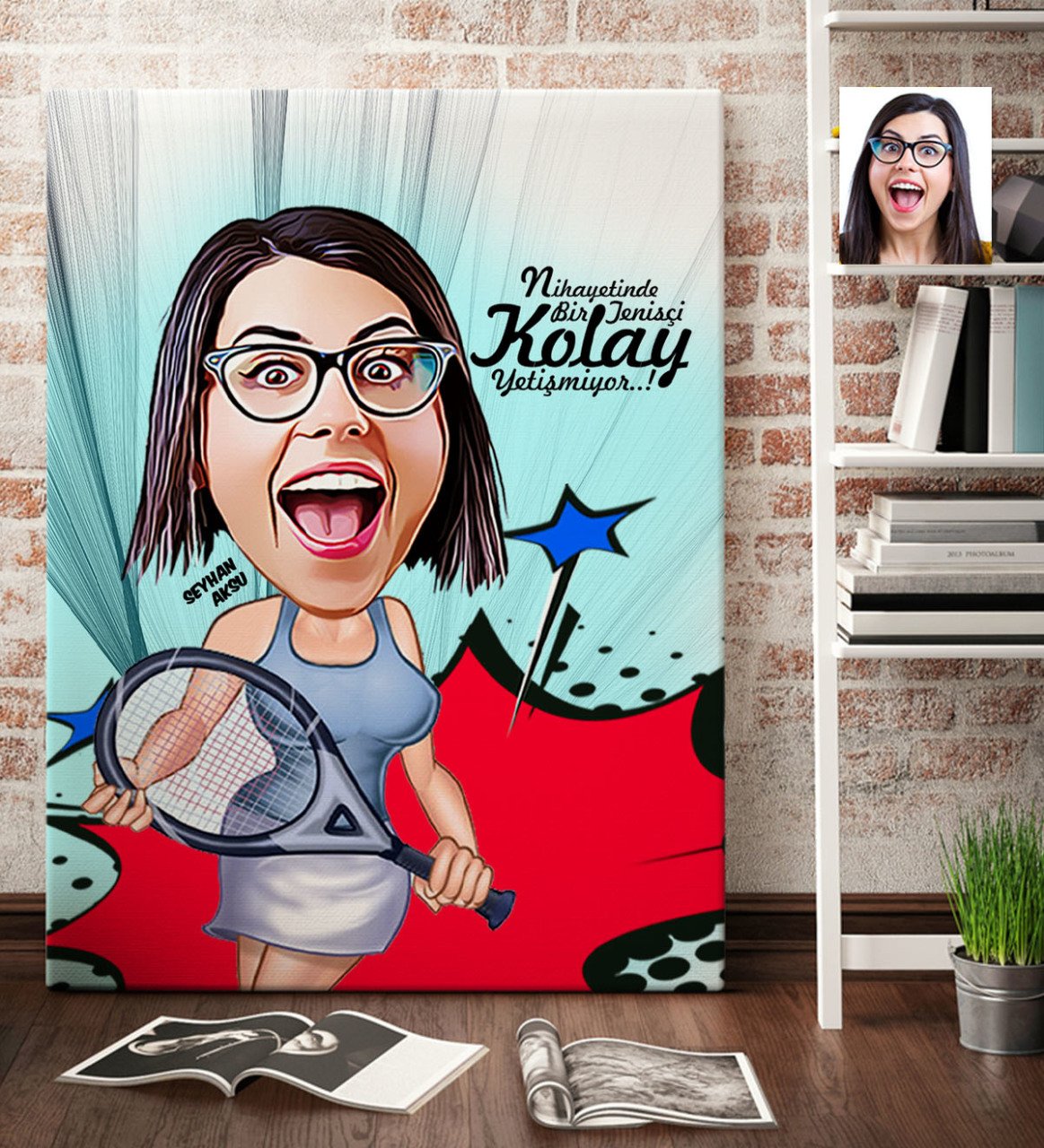 Kişiye Özel Bayan Tenis Oyuncusu Karikatür Kanvas Tablo (70 x 100 cm.) 1