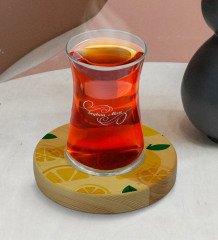 Kişiye Özel Limon Tasarımlı Doğal Ahşap Tabaklı Heybeli Çay Bardağı Model 1