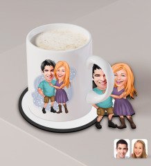 Kişiye Özel Sevgililer Karikatürlü Beyaz Kupa ve Ahşap Bardak Altlığı Hediye Seti-80