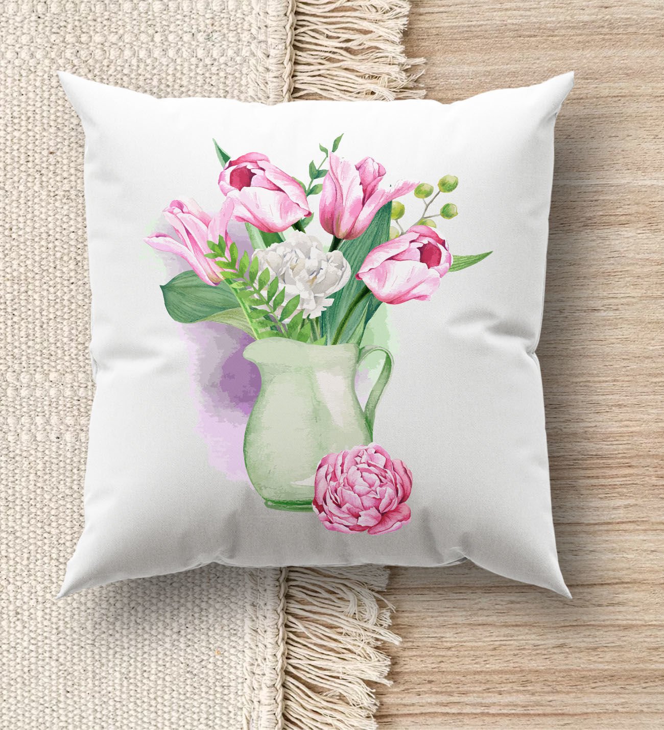 BK Gift Çiçek Tasarımlı Beyaz Kırlent Yastık, Ev Hediyesi, Ev Dekorasyonu, Dekoratif Hediye-5