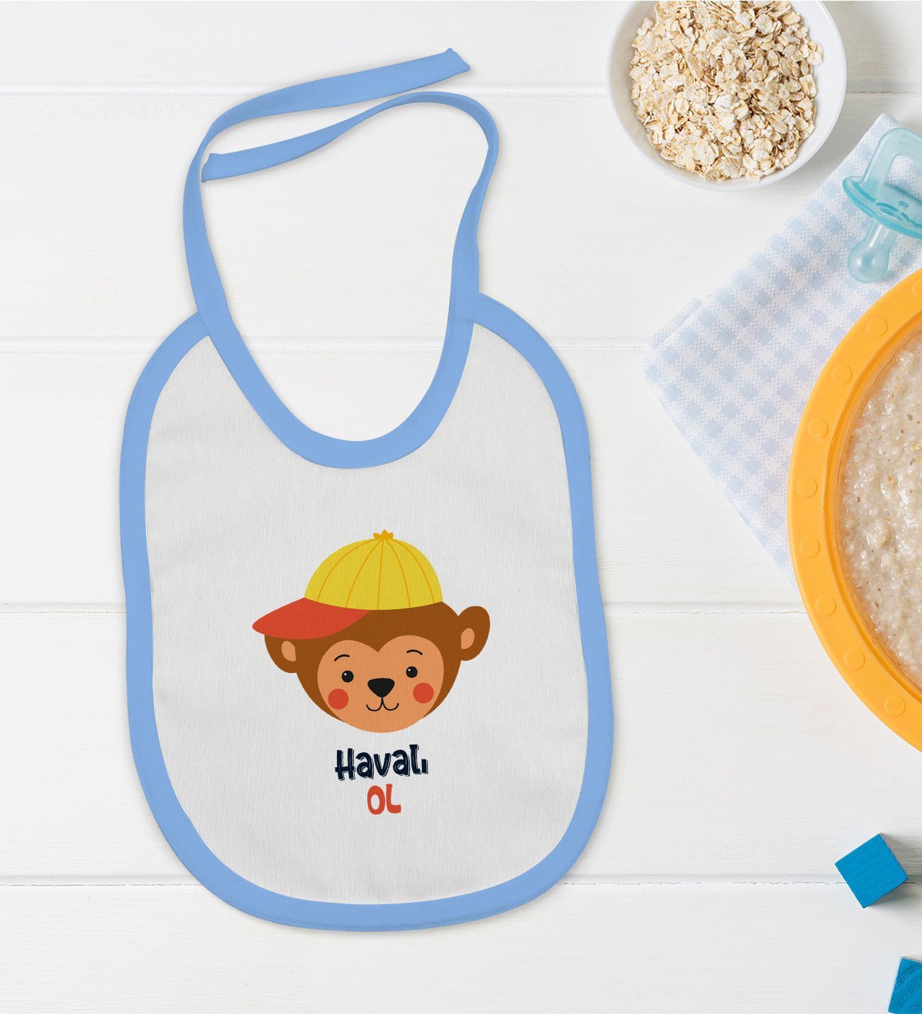 BK Kids Havalı Ol Tasarımlı Mavi Bebek Mama Önlüğü