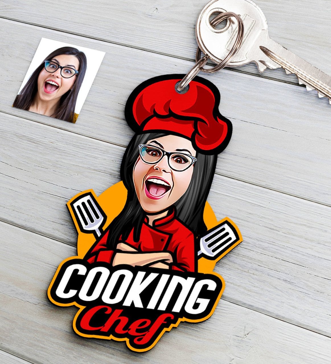 Kişiye Özel Bayan Chef Karikatürlü Ahşap Anahtarlık-11
