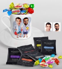 Kişiye Özel Kankalar Karikatürlü Türk Kahvesi Fincanı Selamlique Karışık Türk Kahvesi ve Haribo Şeker Hediye Seti-2