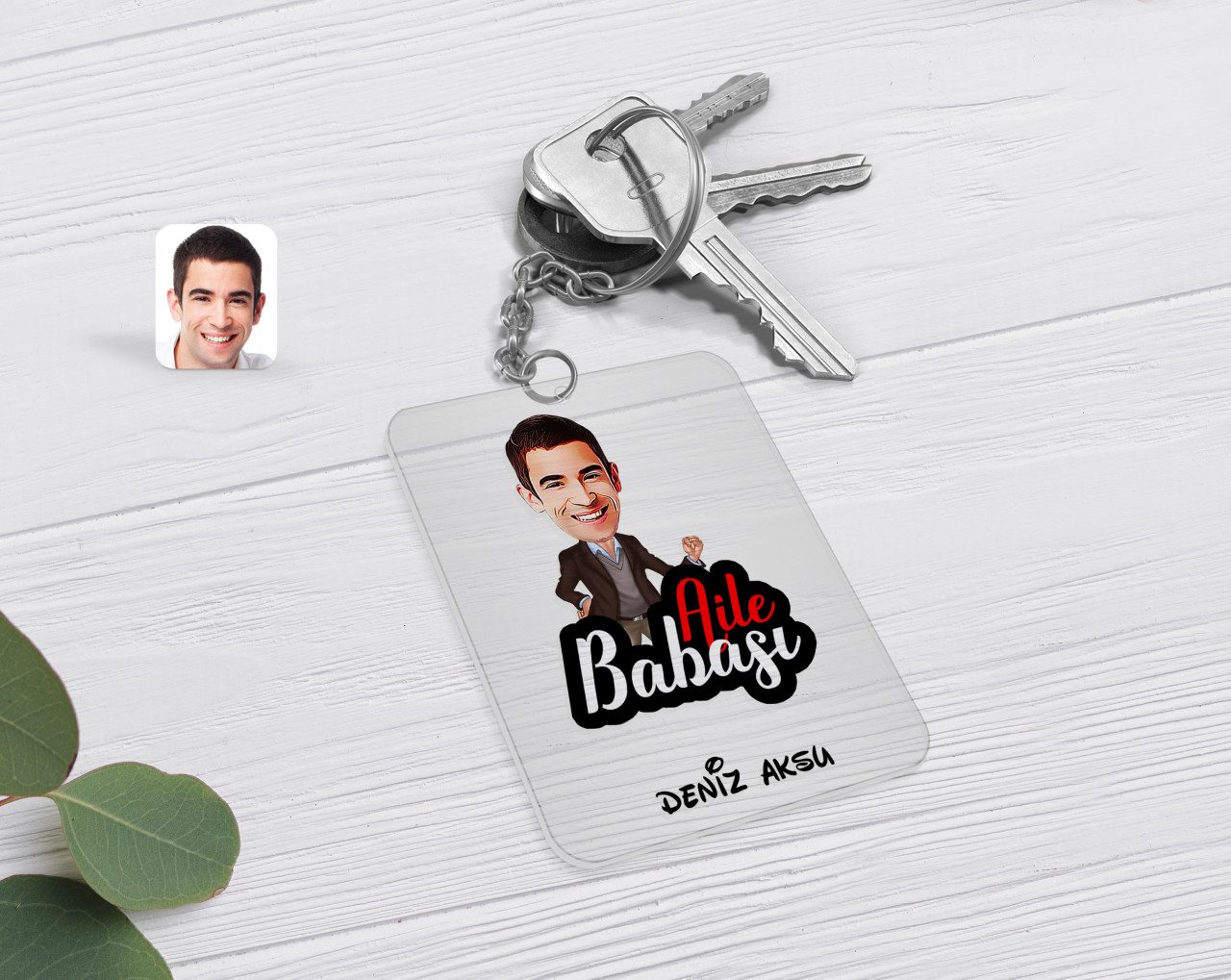 Kişiye Özel Aile Babası Karikatürlü Şeffaf Pleksi Anahtarlık-1