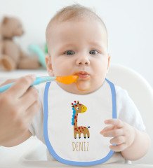 BK Kids Kişiye Özel Zürafa Tasarımlı Mavi Bebek Body Zıbın ve Mama Önlüğü Hediye Seti