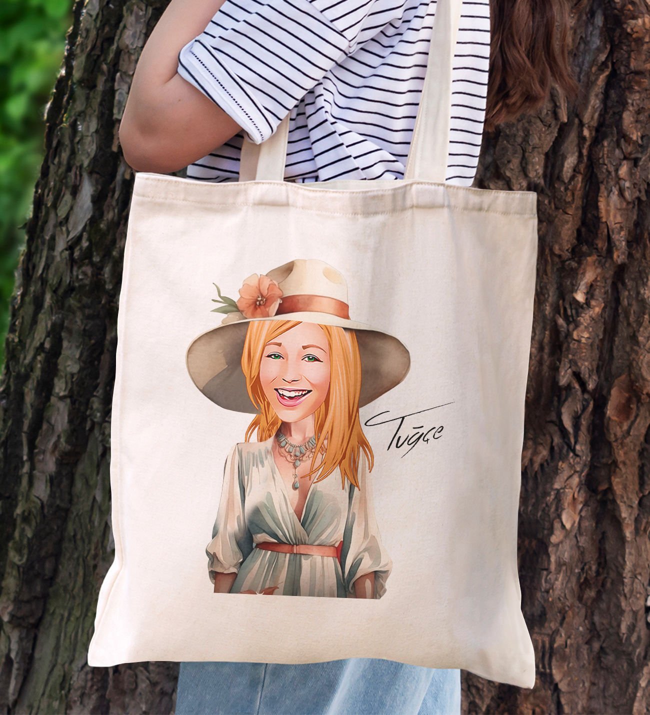 BK Gift Kişiye Özel Kadın Karikatürlü Kanvas Bez Plaj Çantası Baskılı Omuz Çantası-1, Alışveriş Çantası, Arkadaşa Hediye