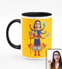 Kişiye Özel Anneler Günü Temalı Karikatürlü Siyah Kupa Bardak S2