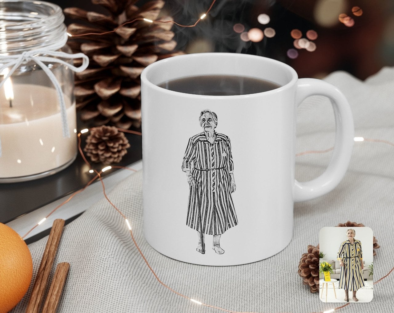 Kişiye Özel Tam Boy Karakalem Büyükanne Karikatürlü Beyaz Kupa Bardak-1