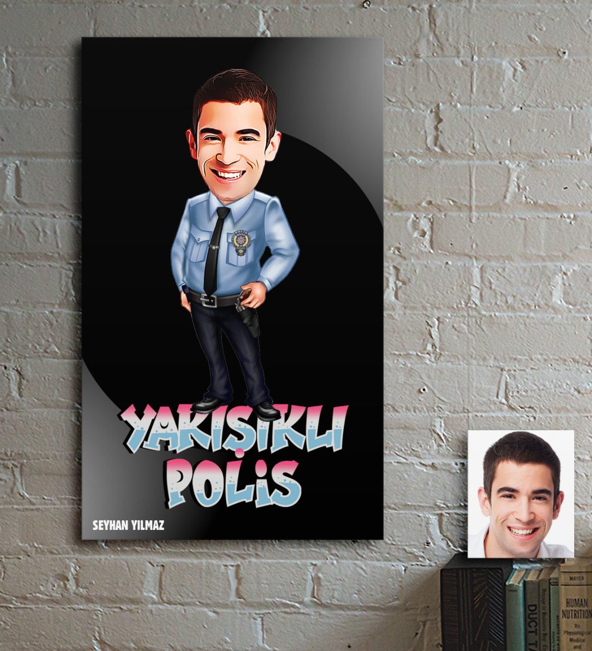 Kişiye Özel Yakışıklı Polis Karikatür Ahşap Tablo - 1