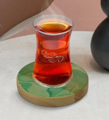 Kişiye Özel Mermer Tasarımlı Doğal Ahşap Tabaklı Heybeli Çay Bardağı Model 1