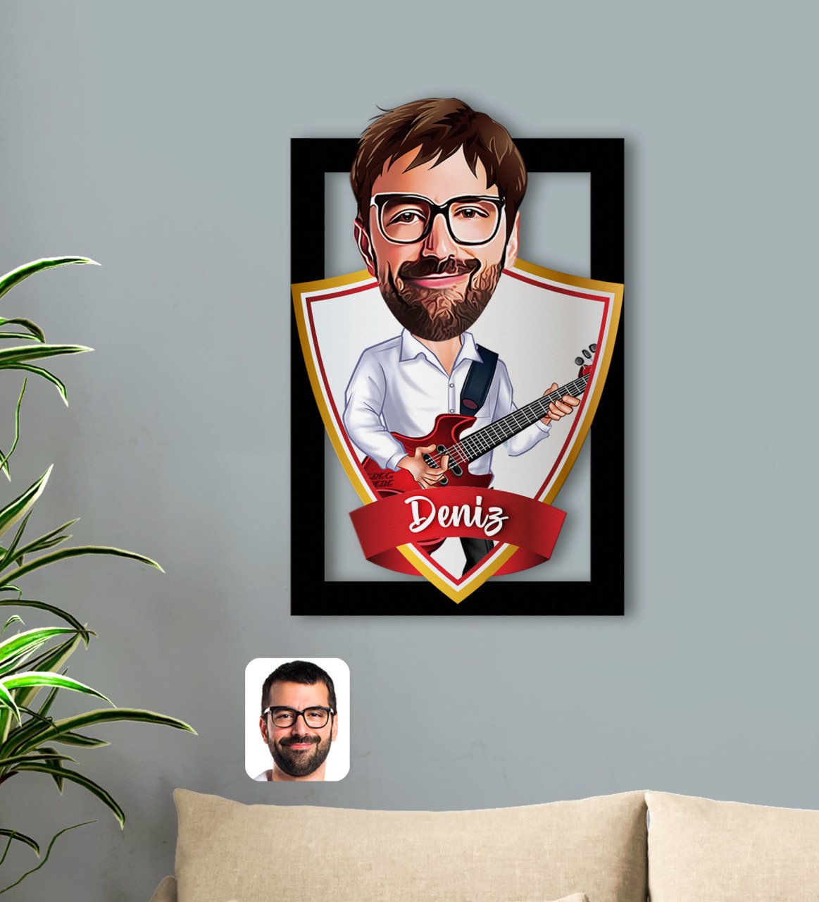 Kişiye Özel İsimli Erkek Gitarist Karikatürlü 3D Ahşap Tablo-2