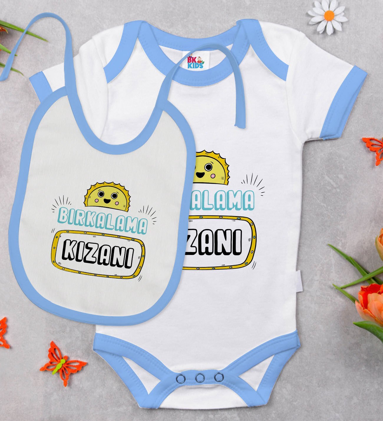 BK Kids Bırkalama Kızanı Tasarımlı Mavi Bebek Body Zıbın ve Mama Önlüğü Hediye Seti-1