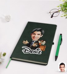 Kişiye Özel Erkek Avukat Karikatürlü Yeşil Termo Deri Defter Kalem Seti Model 2