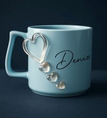 Bk Gift Kişiye Özel İsimli Kabartmalı Kalpli Tasarım Mavi Kupa Bardak-1, Eşe Hediye, Sevgiliye Hediye, Ev Hediyesi