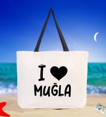 BK Gift I Love Muğla Siyah Renkli Kulp Kanvas Plaj Çantası 48x40m, Baskılı Omuz Çantası, Alışveriş Çantası