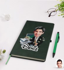 Kişiye Özel Erkek Bankacı Karikatürlü Yeşil Termo Deri Defter Kalem Seti Model 3