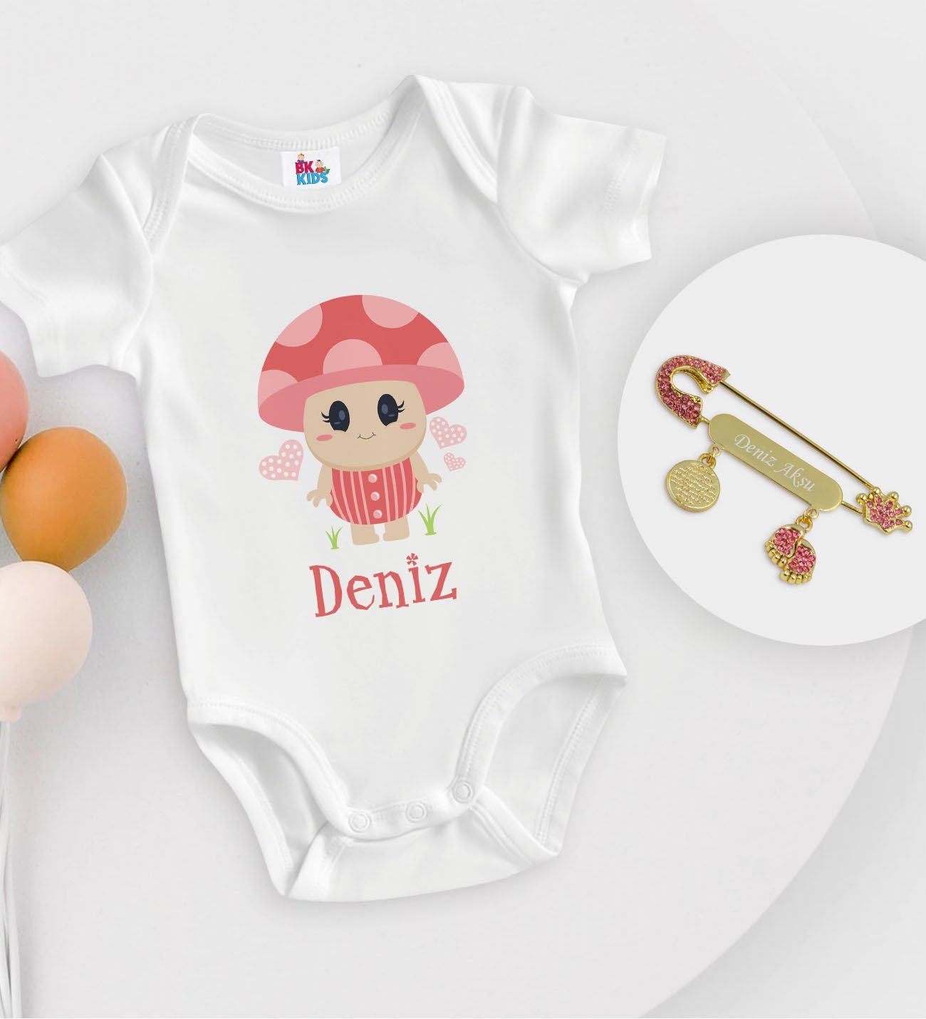 BK Kids Kişiye Özel İsimli Beyaz Bebek Body Zıbın ve Kız Bebek İğnesi Hediye Seti-10