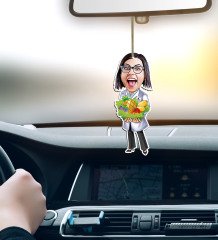 Kişiye Özel Bayan Diyetisyen Karikatürlü Ahşap Araba Dikiz Ayna Süsü