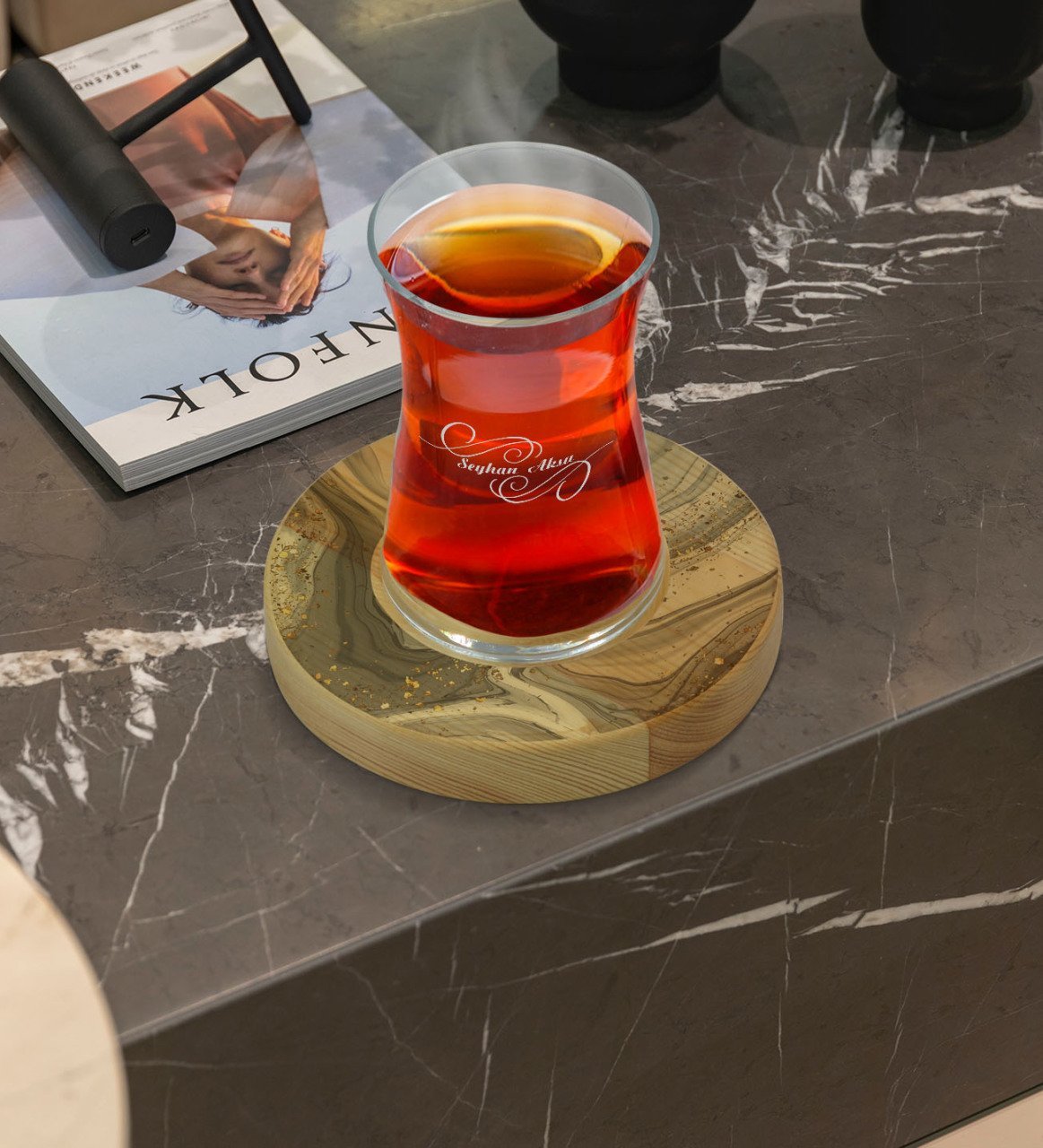 Kişiye Özel Mermer Tasarımlı Doğal Ahşap Tabaklı Heybeli Çay Bardağı Model 5