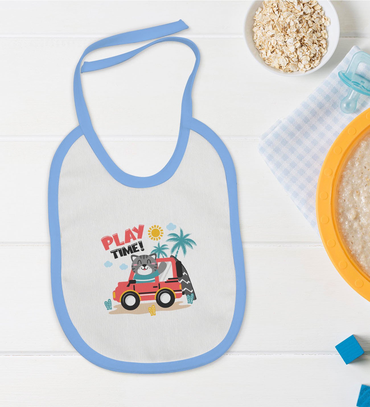 BK Kids Play Time Tasarımlı Mavi Bebek Mama Önlüğü