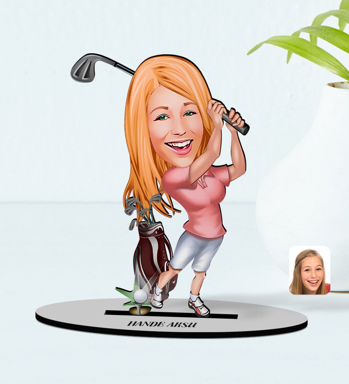 Kişiye Özel Kadın Golfçü Karikatürlü Ahşap Biblo Model-1