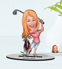 Kişiye Özel Kadın Golfçü Karikatürlü Ahşap Biblo Model-1