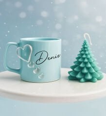 Bk Gift Kişiye Özel İsimli Kabartmalı Kalpli Tasarım Mavi Kupa Bardak & Çam Ağacı Mum -1, Sevgiliye Hediye, Ev Hediyesi
