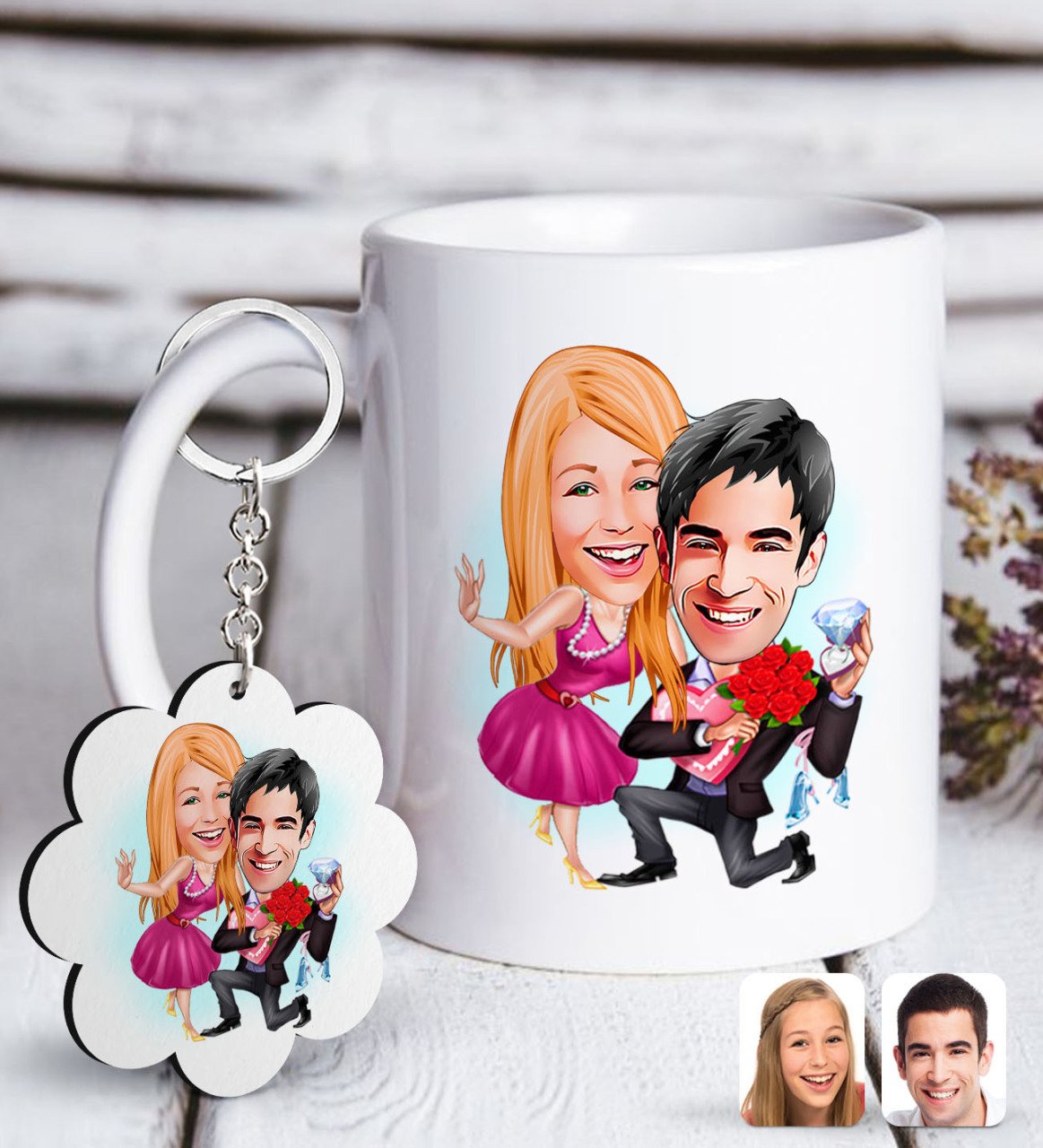 Kişiye Özel Sevgililer Karikatürlü Beyaz Kupa ve Anahtarlık Hediye Seti-9