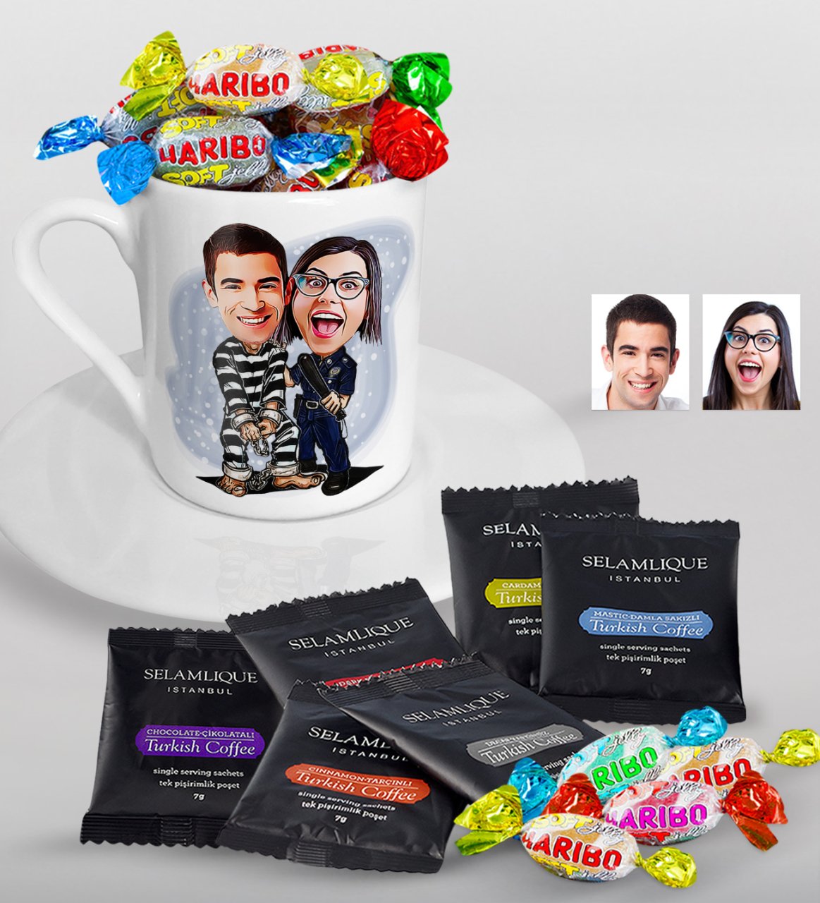 Kişiye Özel Sevgililer Karikatürlü Türk Kahvesi Fincanı Selamlique Karışık Türk Kahvesi ve Haribo Şeker Hediye Seti-7