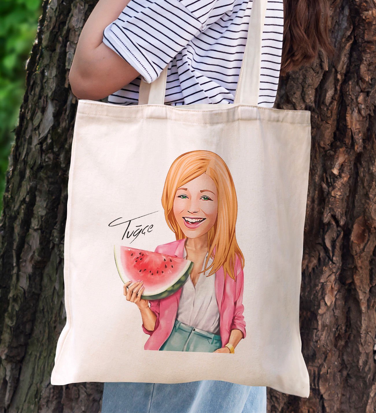 BK Gift Kişiye Özel Kadın Karikatürlü Kanvas Bez Plaj Çantası Baskılı Omuz Çantası-8, Alışveriş Çantası, Arkadaşa Hediye