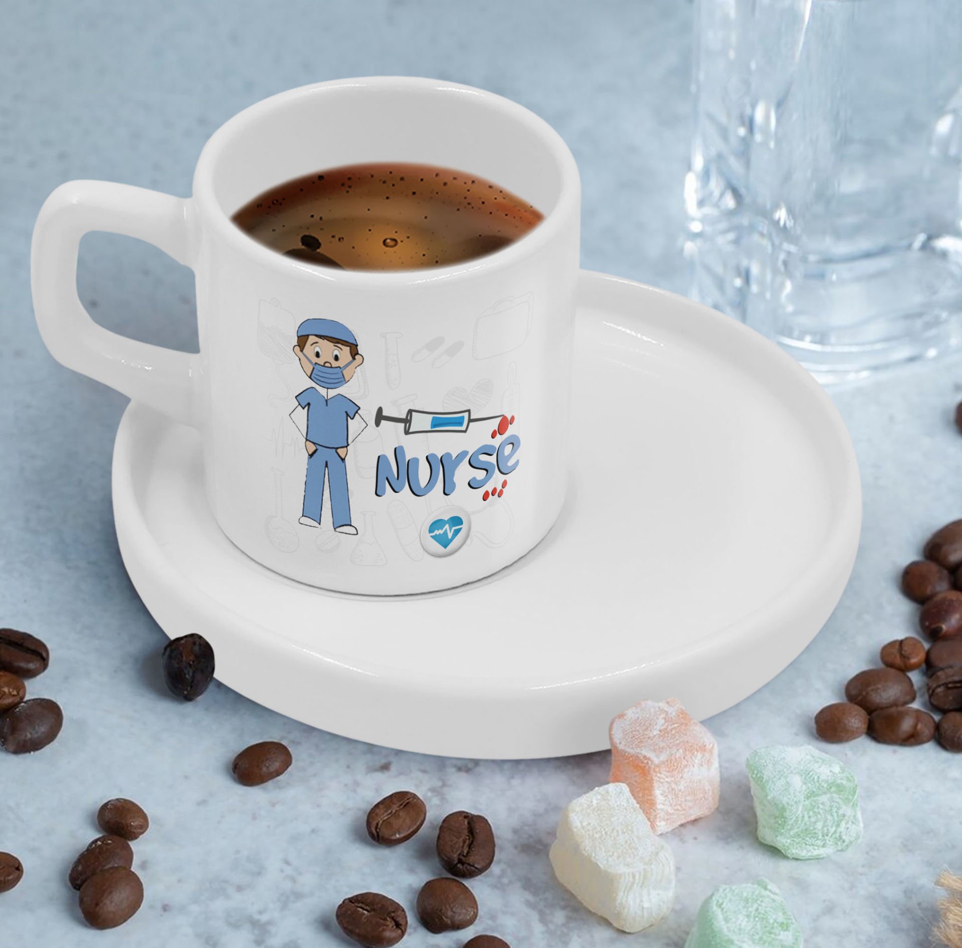 BK Gift Kişiye Özel Sunum Tabaklı Hemşire Tasarımlı Kahve Fincanı-2, Sevgiliye Hediye, Arkadaşa Hediye, Hemşire Hediye