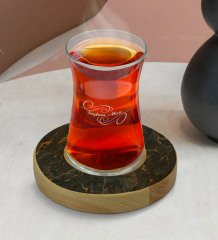 Kişiye Özel Mermer Tasarımlı Doğal Ahşap Tabaklı Heybeli Çay Bardağı Model 8