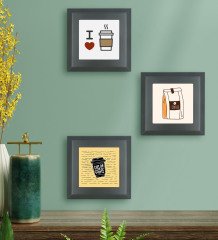 BK Gift Coffee Tasarımlı 3’lü Ahşap Çerçeveli Taş Duvar Dekoru-1