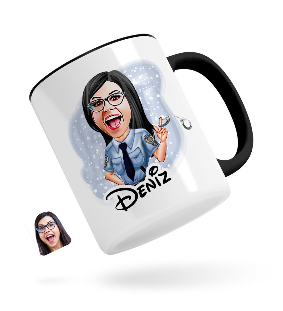 Kişiye Özel Kadın Polis Karikatürlü Siyah Kupa Bardak-1