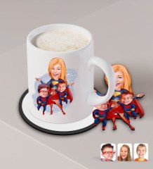 Kişiye Özel Süper Anne Süper Çocuklar Karikatürlü Beyaz Kupa ve Ahşap Bardak Altlığı Hediye Seti-1