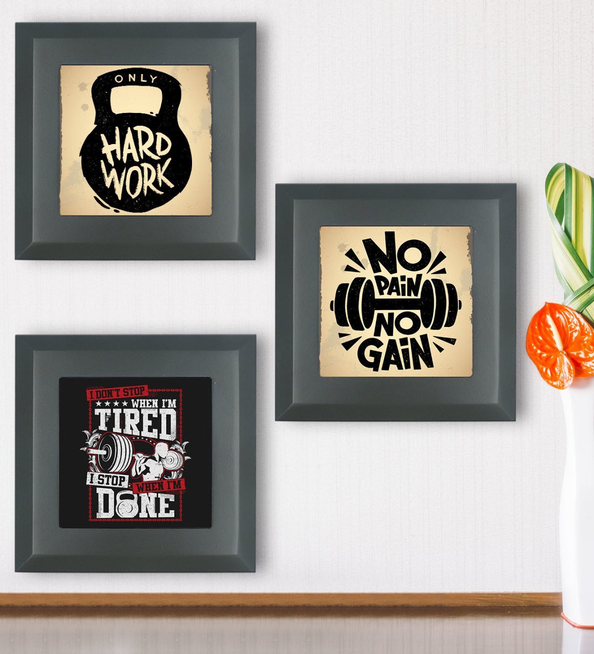 BK Gift Gym Tasarımlı 3’lü Ahşap Çerçeveli Taş Duvar Dekoru-3