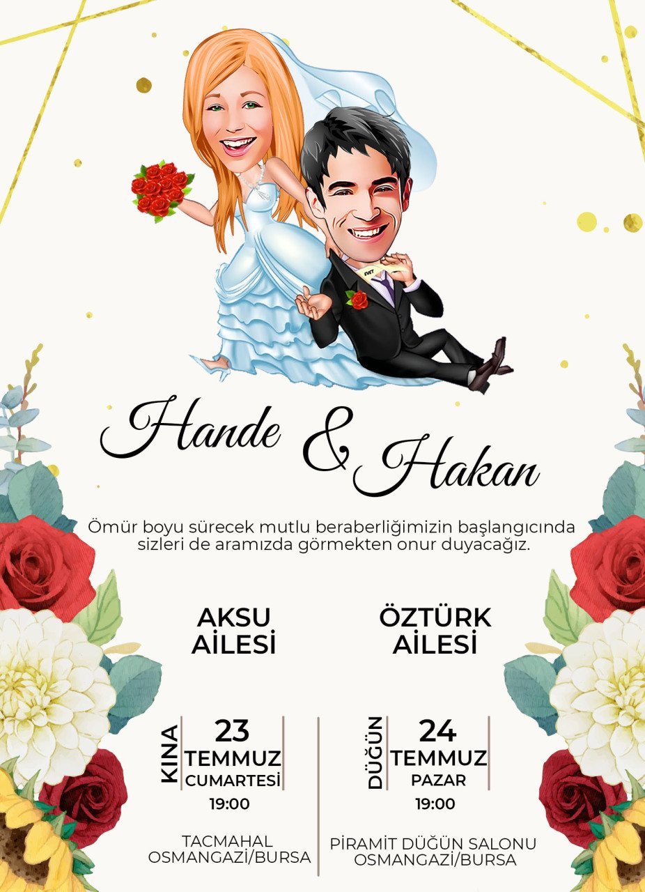 Kişiye Özel Karikatürlü Bitmeyen Düğün Davetiyesi Model 17